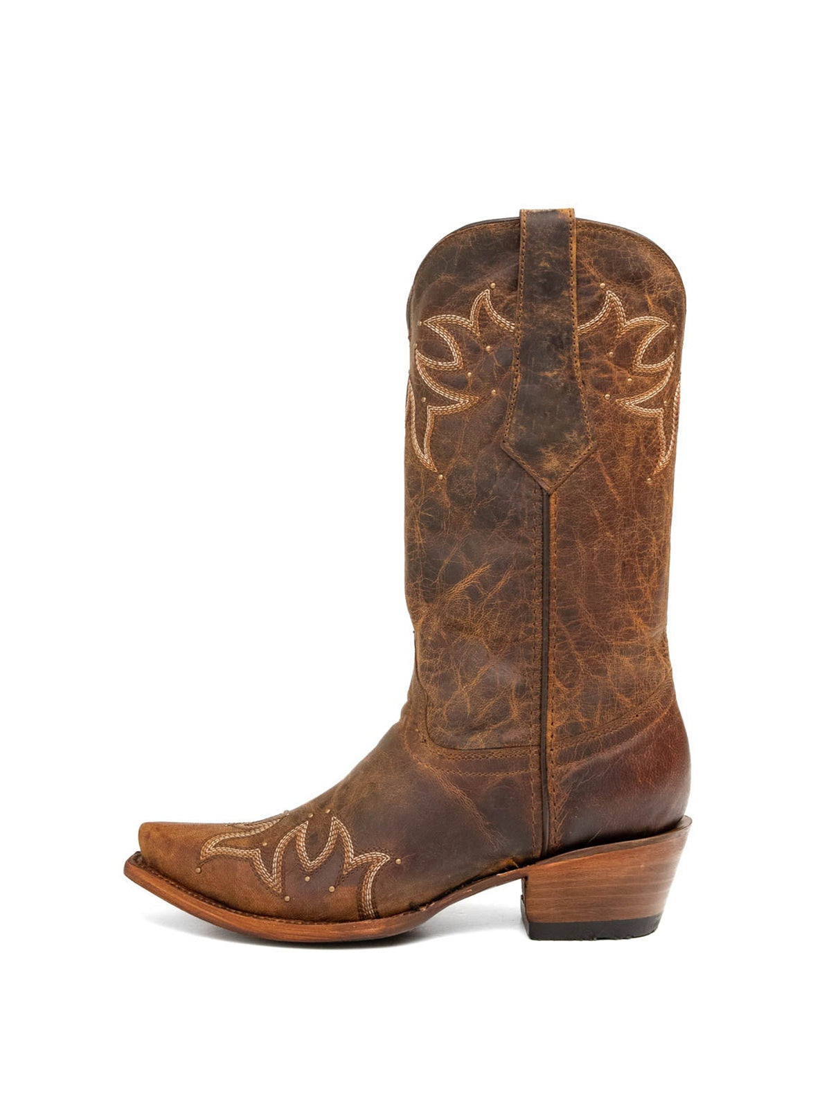 Western Snip-Toe Embroidery And Studs Mid Calf Chic Cowgirl Boots - Dark Tan