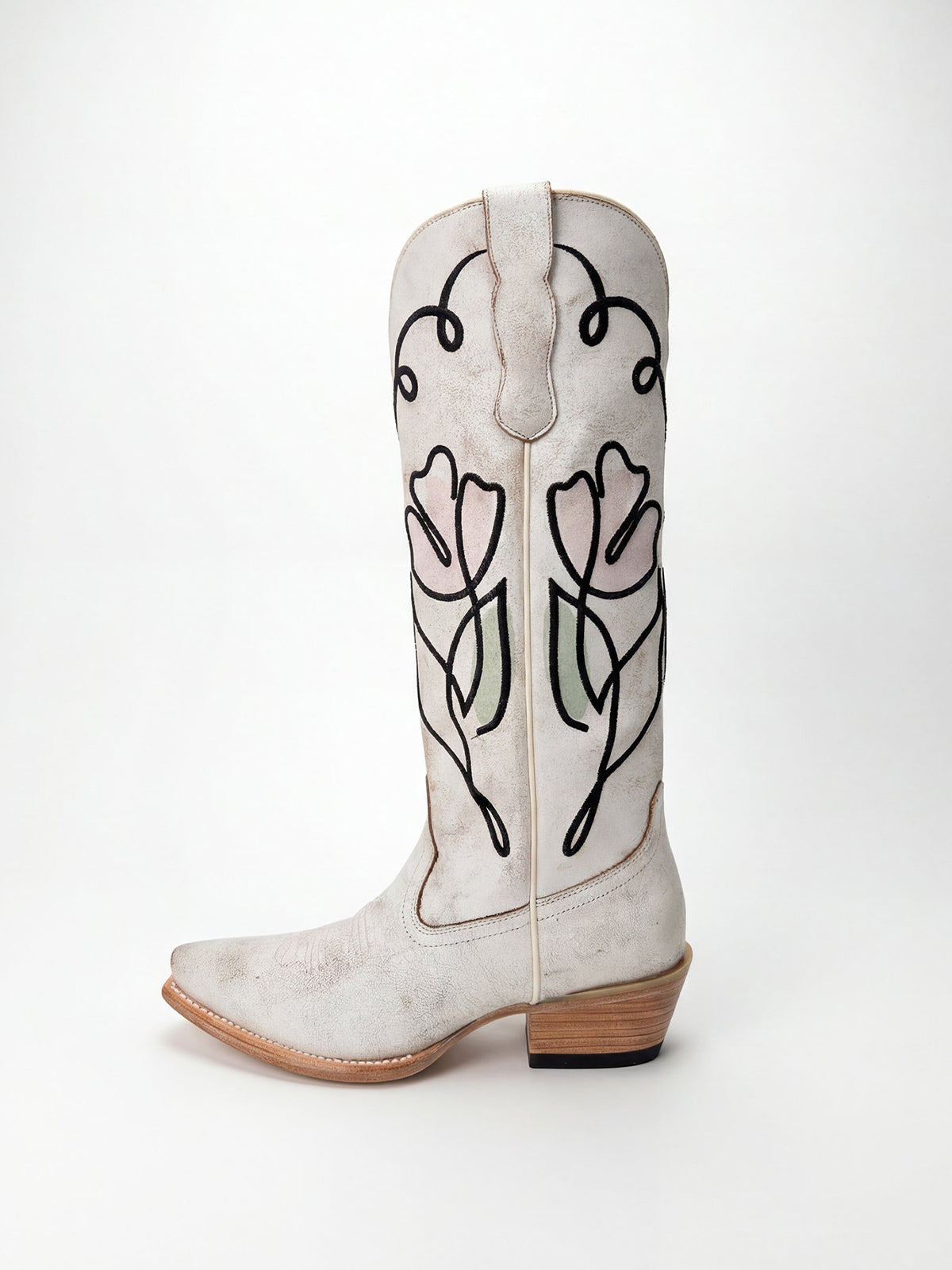 Distressed White Snip-Toe Stylish Embroidery Wide Calf Knee High Cowgirl Boots