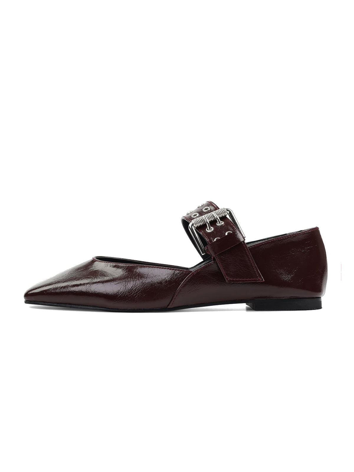 Burgundy Square-Toe Buckle Bridge Strap With Eyelets Ballet Flats