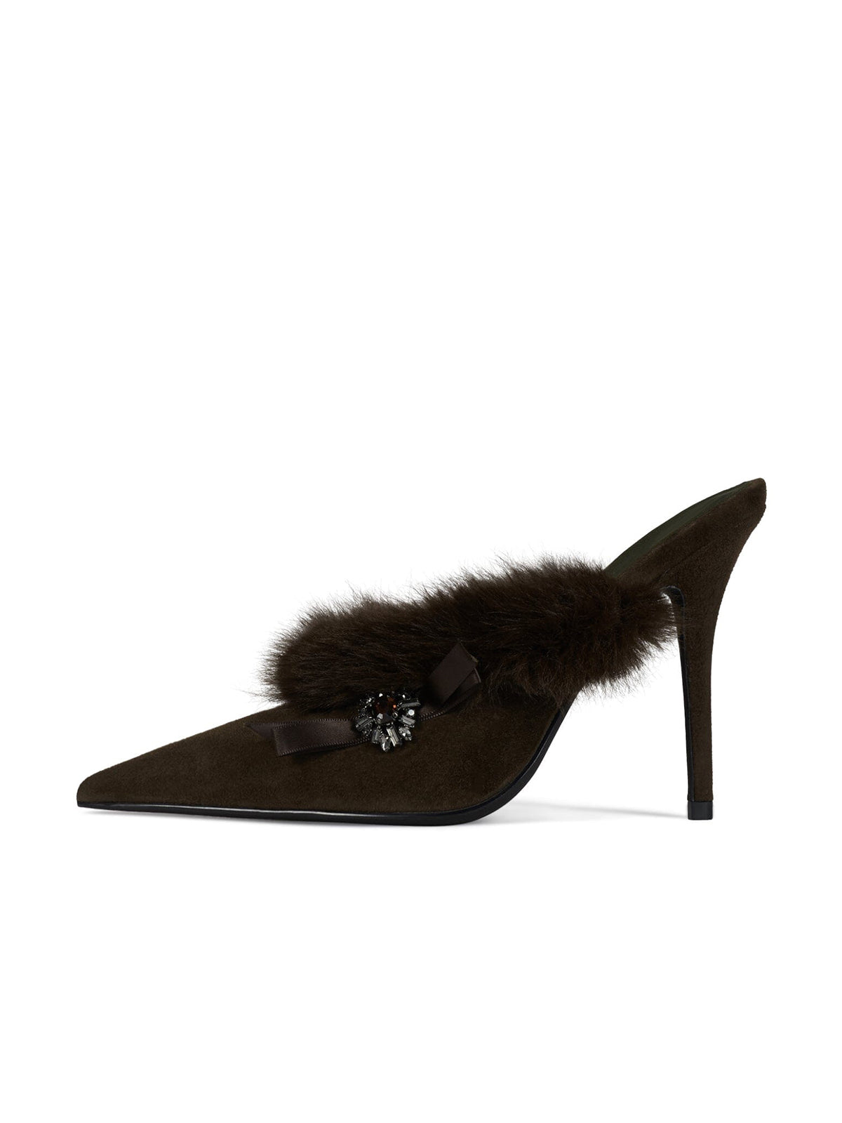 Brown Faux Suede Pointed-Toe Plush Detail Backless High Heels