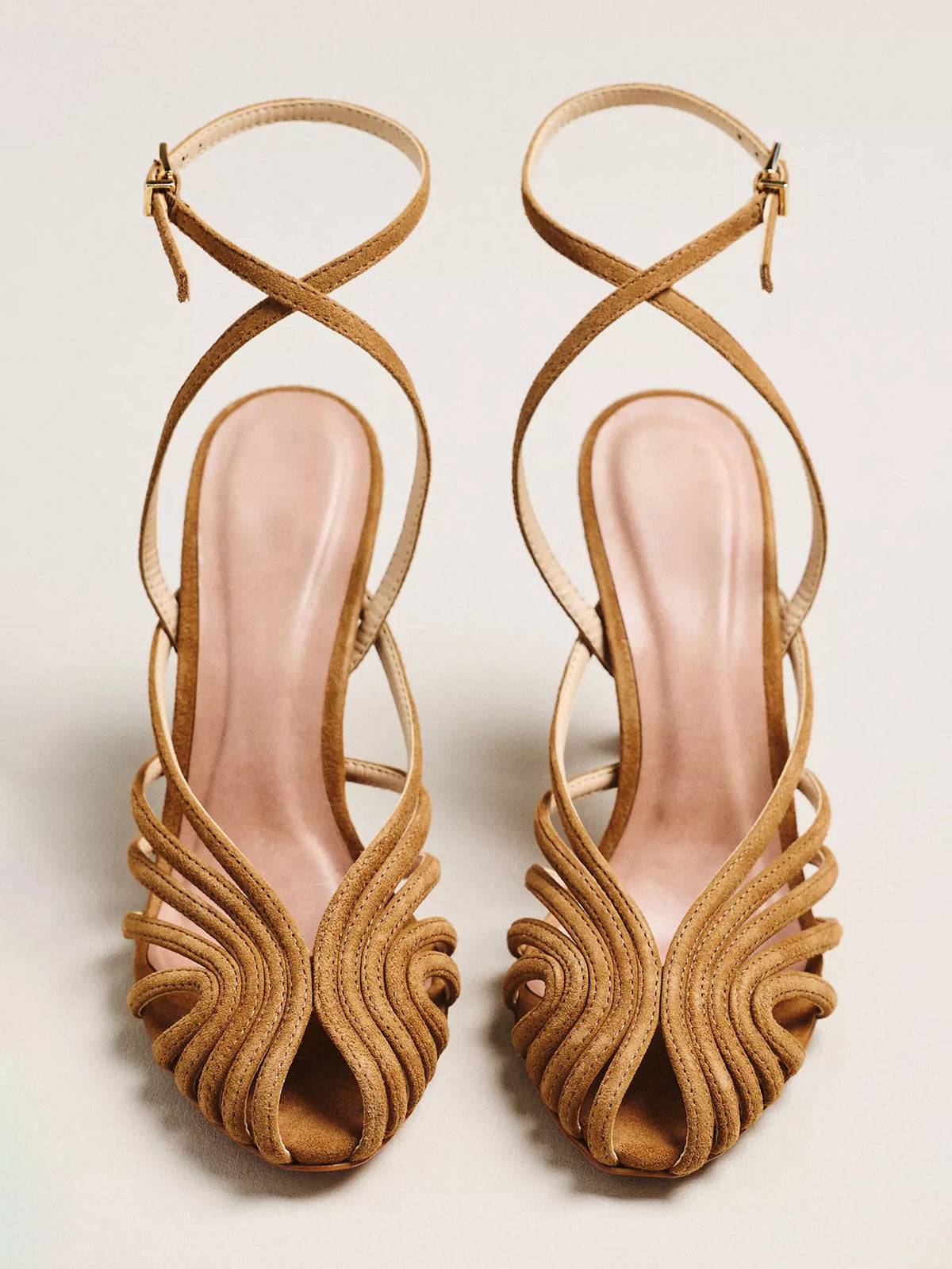 Brown Faux Suede Pointed-Toe Strappy Slingback And Buckle Ankle Strap High Heels