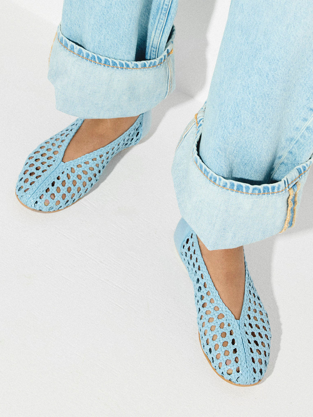 Blue Woven Vegan Leather Chic Round-Toe Slip-On Ballet Flats