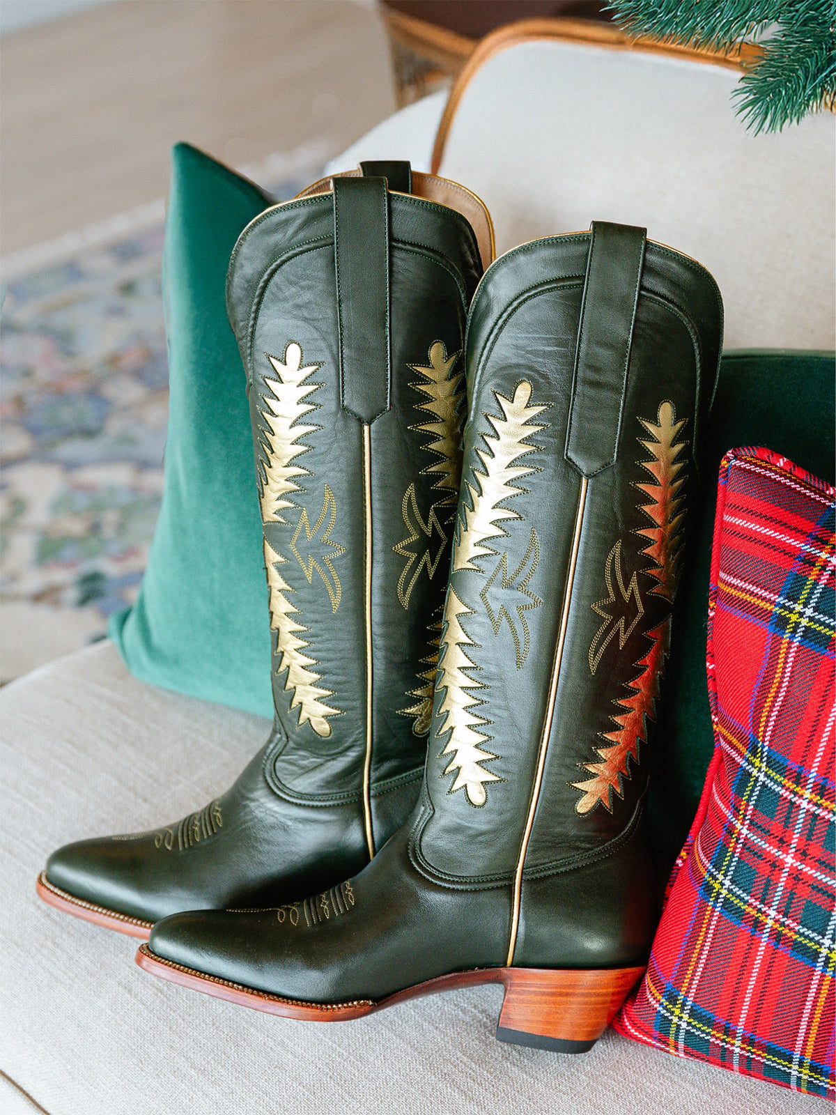 Black Almond-Toe Wide Calf Cowgirl Boots Knee High Tall Boots