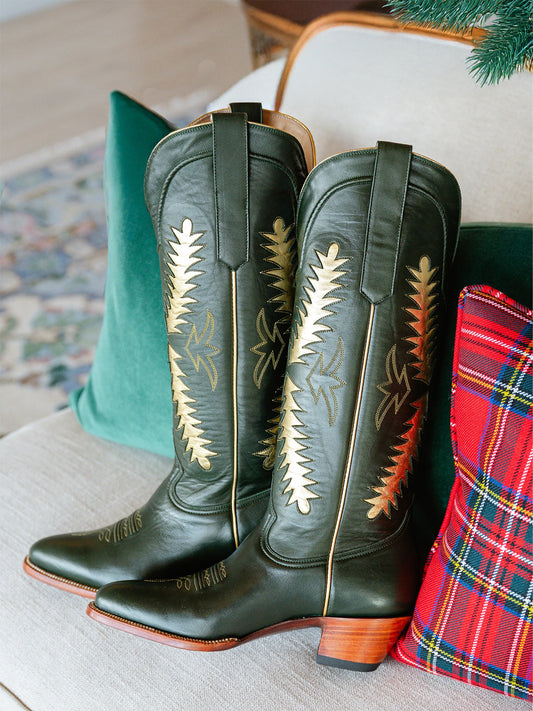 Black Almond-Toe Wide Calf Cowgirl Boots Knee High Tall Boots