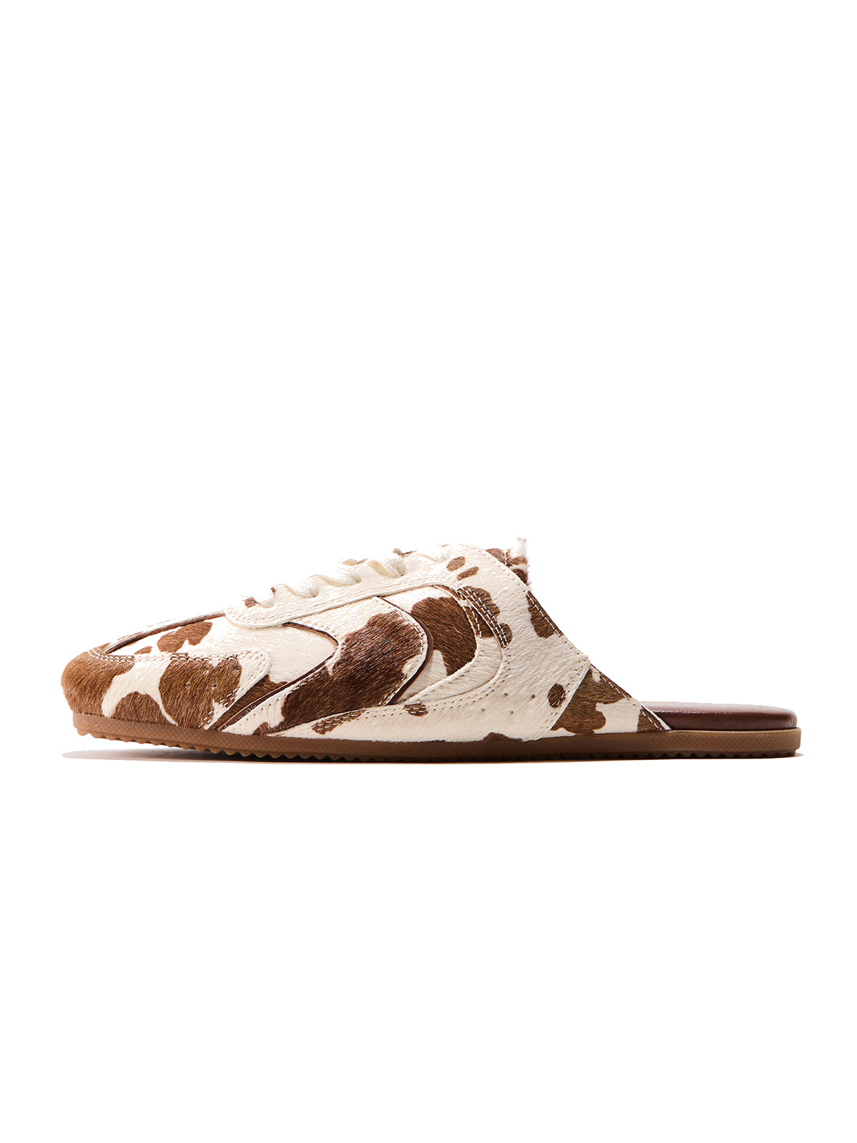 Cow Print Pony Hair Vegan Leather Square-Toe Lace-Up Backless Flats