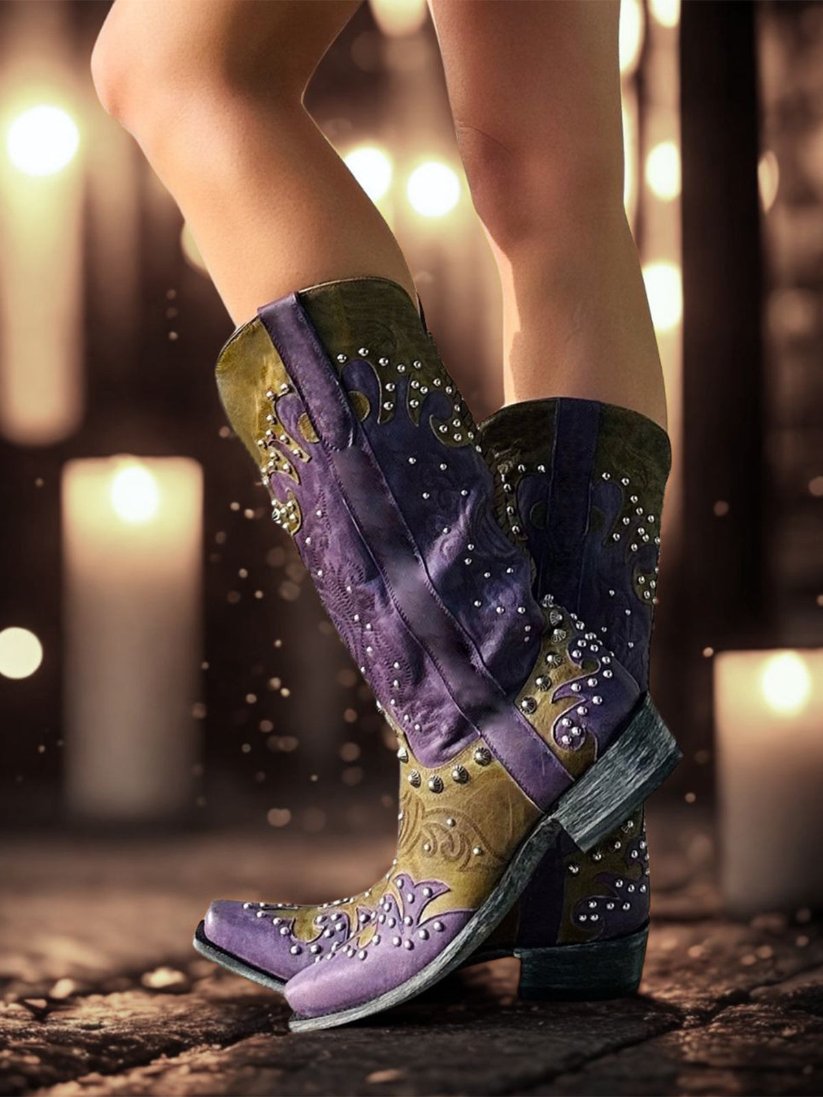 Contrast Purple And Green Snip-Toe Studs And Embroidery Mid Calf Cowgirl Boots