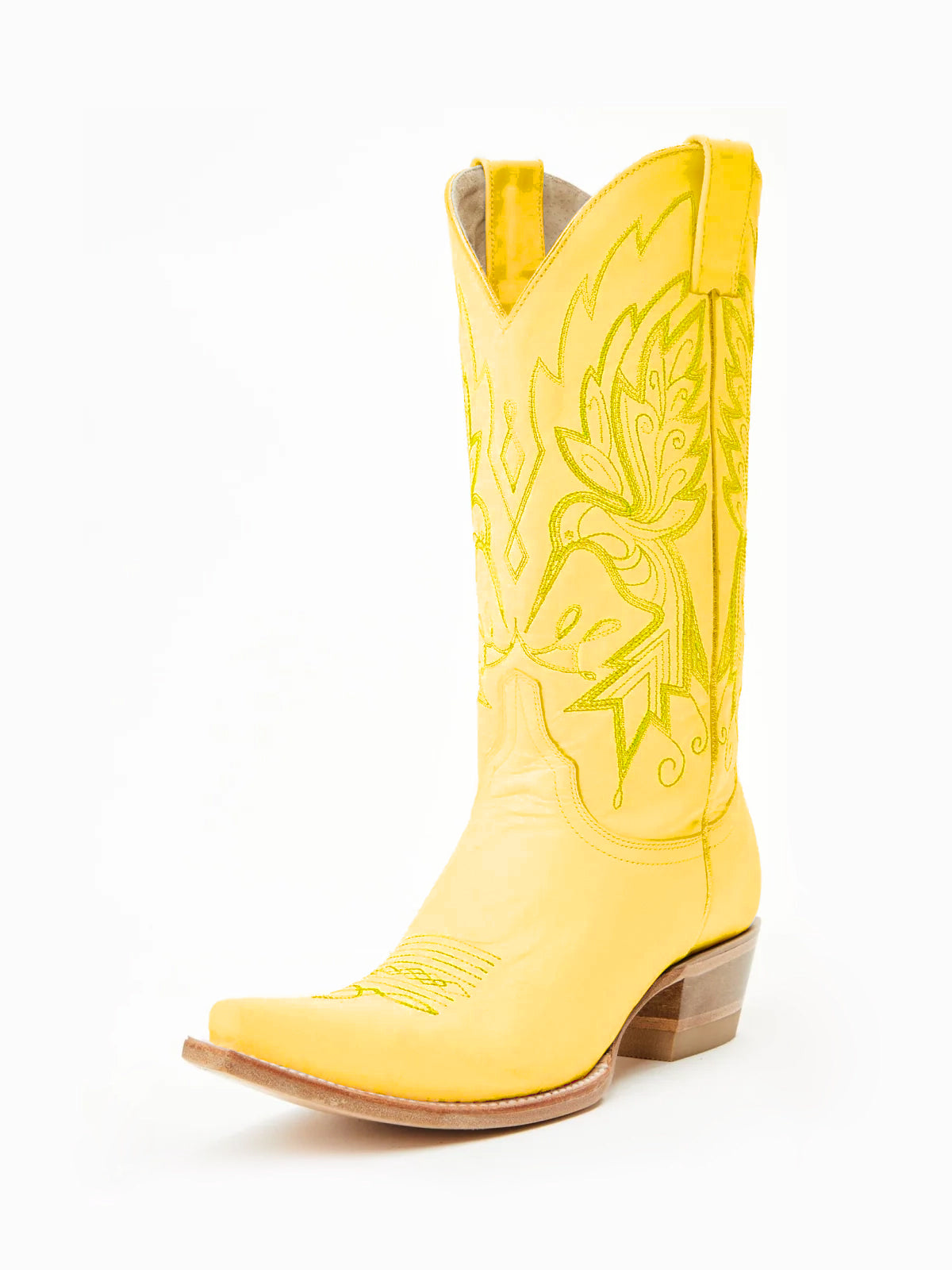Yellow Snip-Toe Vivid Bird Embroidery Mid Calf Cowgirl Boots