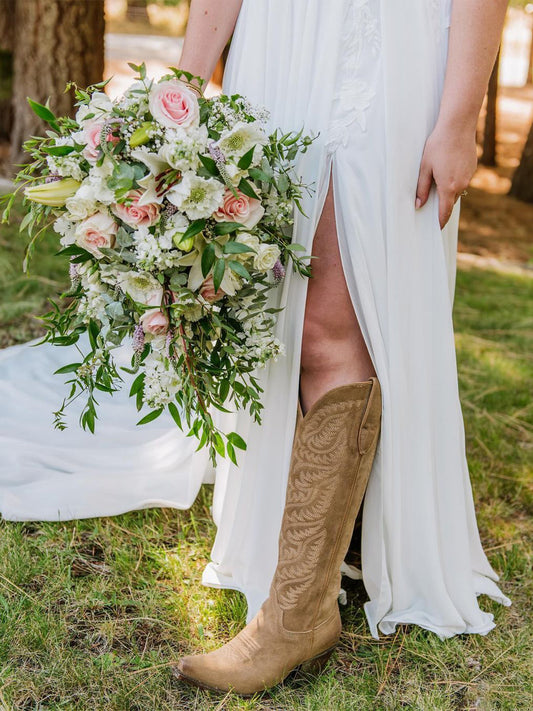 Embroidery Half-Zip Tall Knee High Faux Suede Snip-Toe Cowgirl Boots - Brown