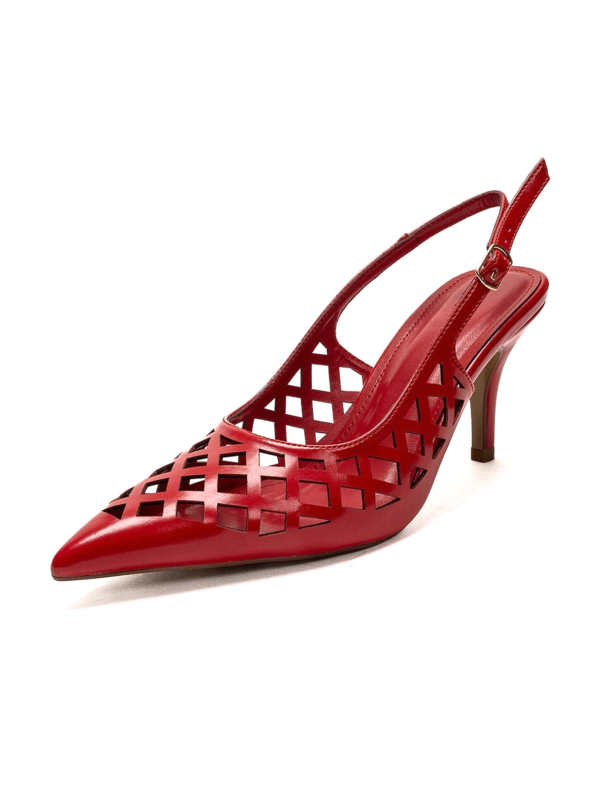 Red Pointed-Toe Cutout Chic Buckle Back Strap Kitten Heels