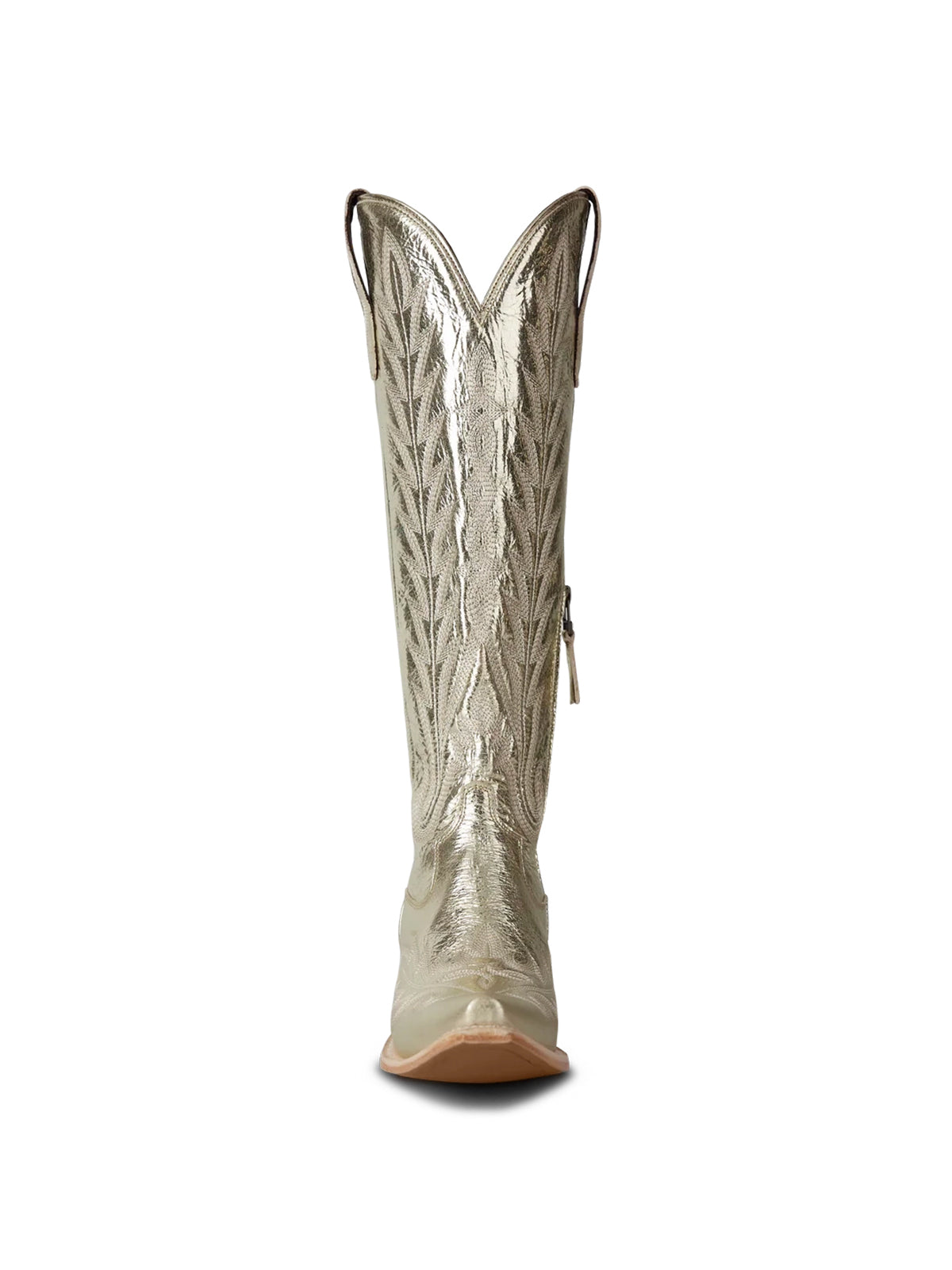 Snip-Toe Embroidery Half-Zip Back Lace-Up Knee High Cowgirl Boots - Metallic Champagne