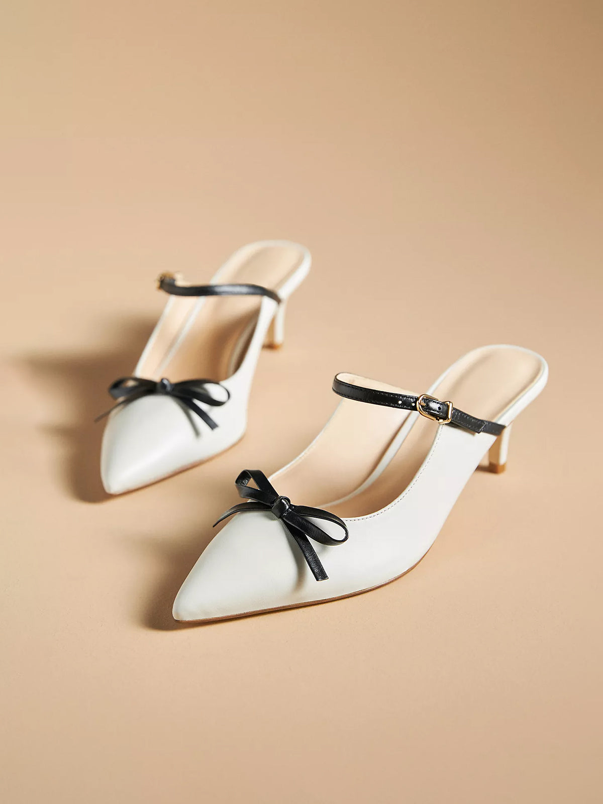 White Pointed-Toe Bridge Strap Kitten Heels With Bow