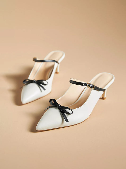 White Pointed-Toe Bridge Strap Kitten Heels With Bow