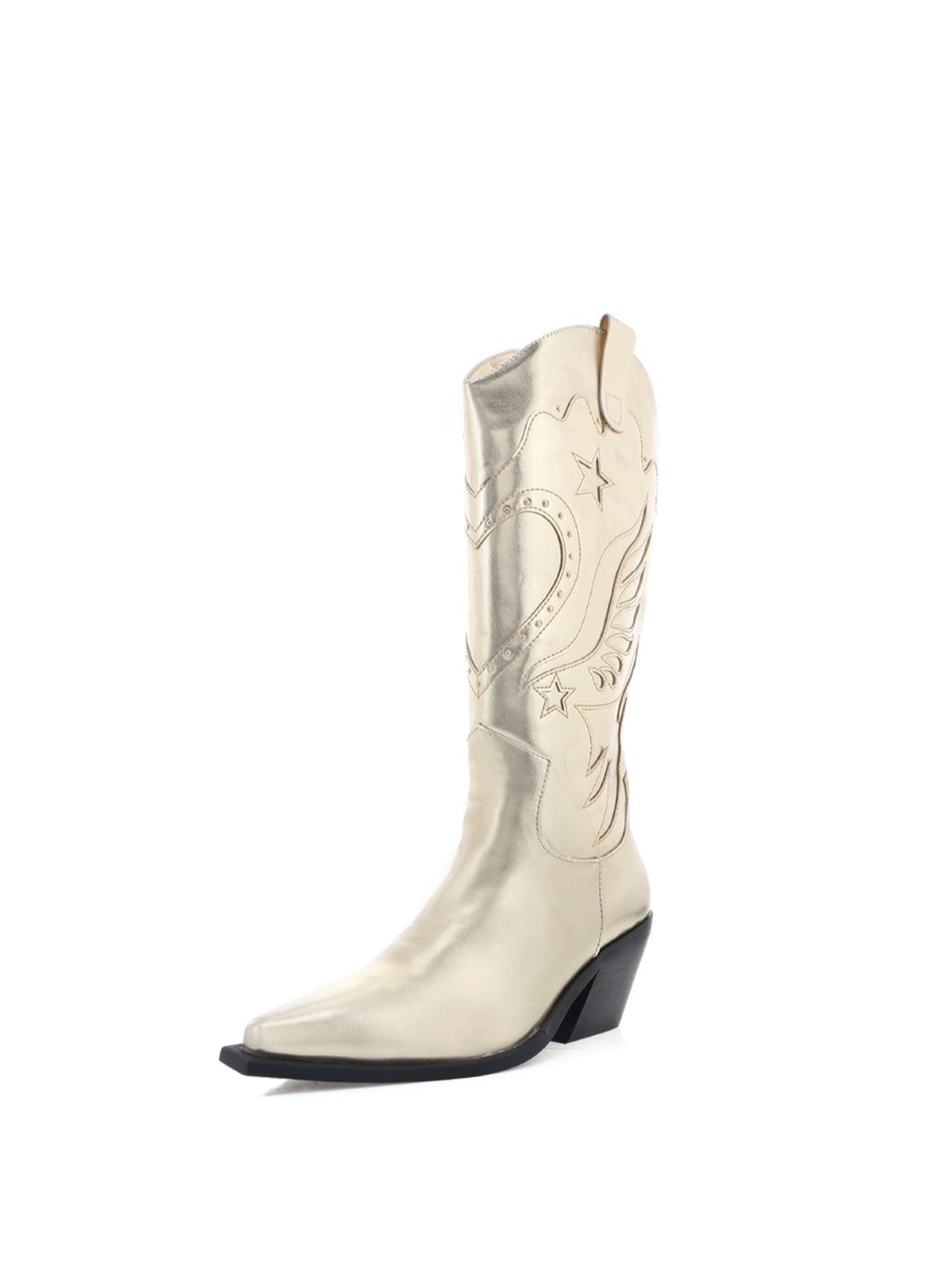 Metallic Gold Snip-Toe Stars Wing Heart Inlay Mid Calf Cowgirl Boots