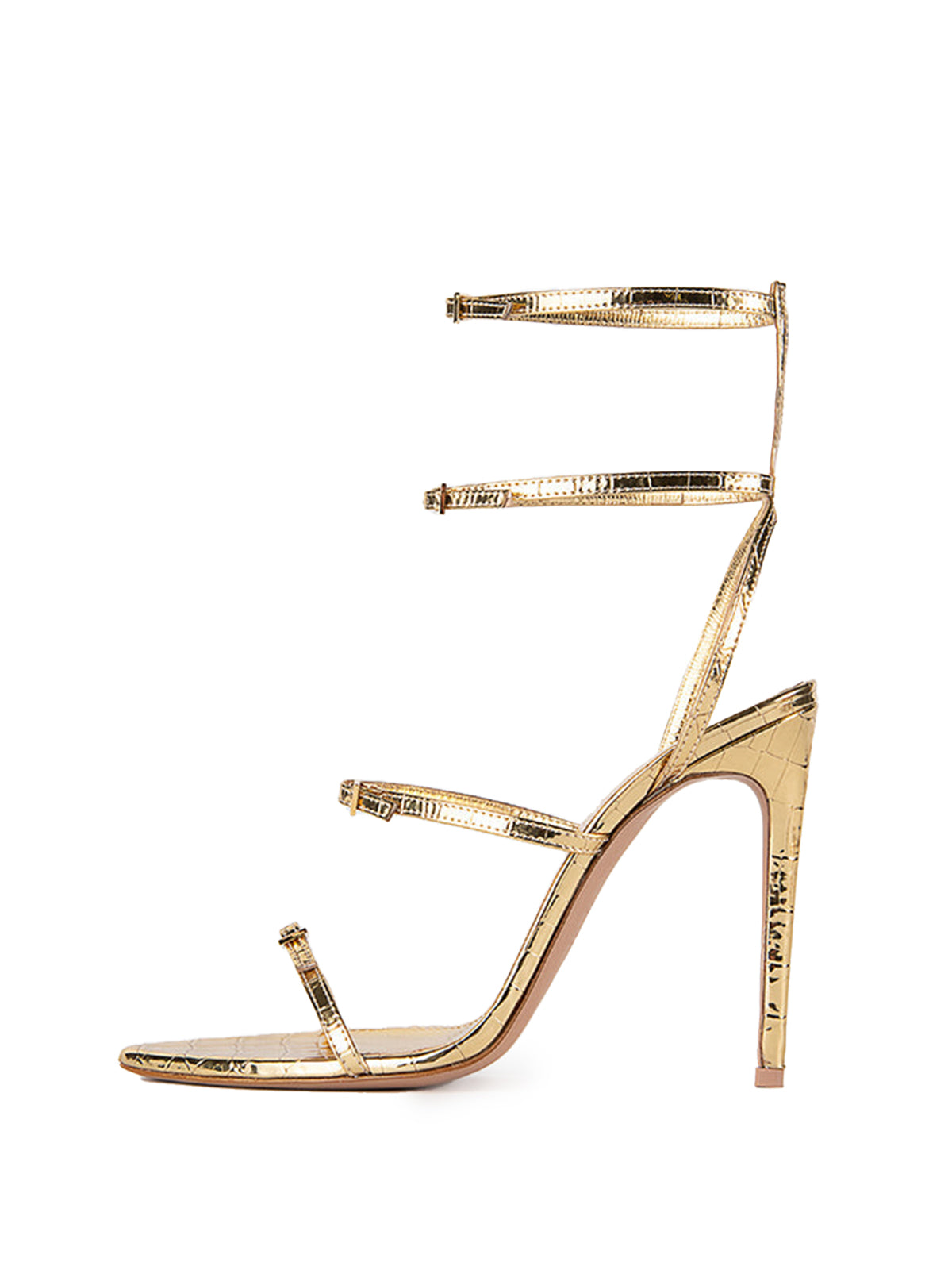 Metallic Gold Crocodile Print Pointed-Toe Four Straps High Heels