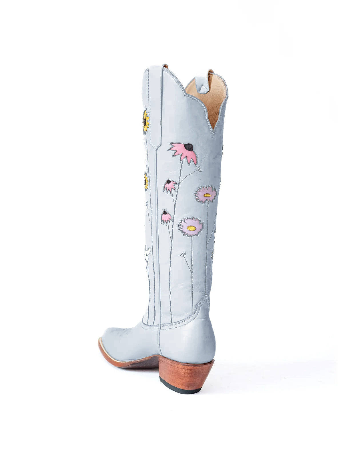 Gray Almond-Toe Colorful Flowers Inlay Wide Calf Knee High Cowgirl Boots