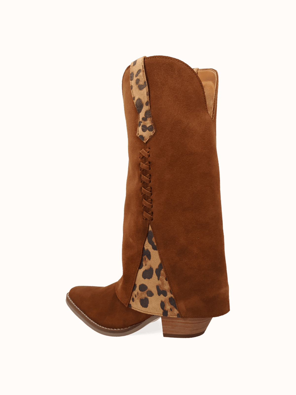 Camel Faux Suede And Leopard Pattern Faux Suede Snip-Toe Fold-Over Wide Calf Knee High Cowgirl Boots