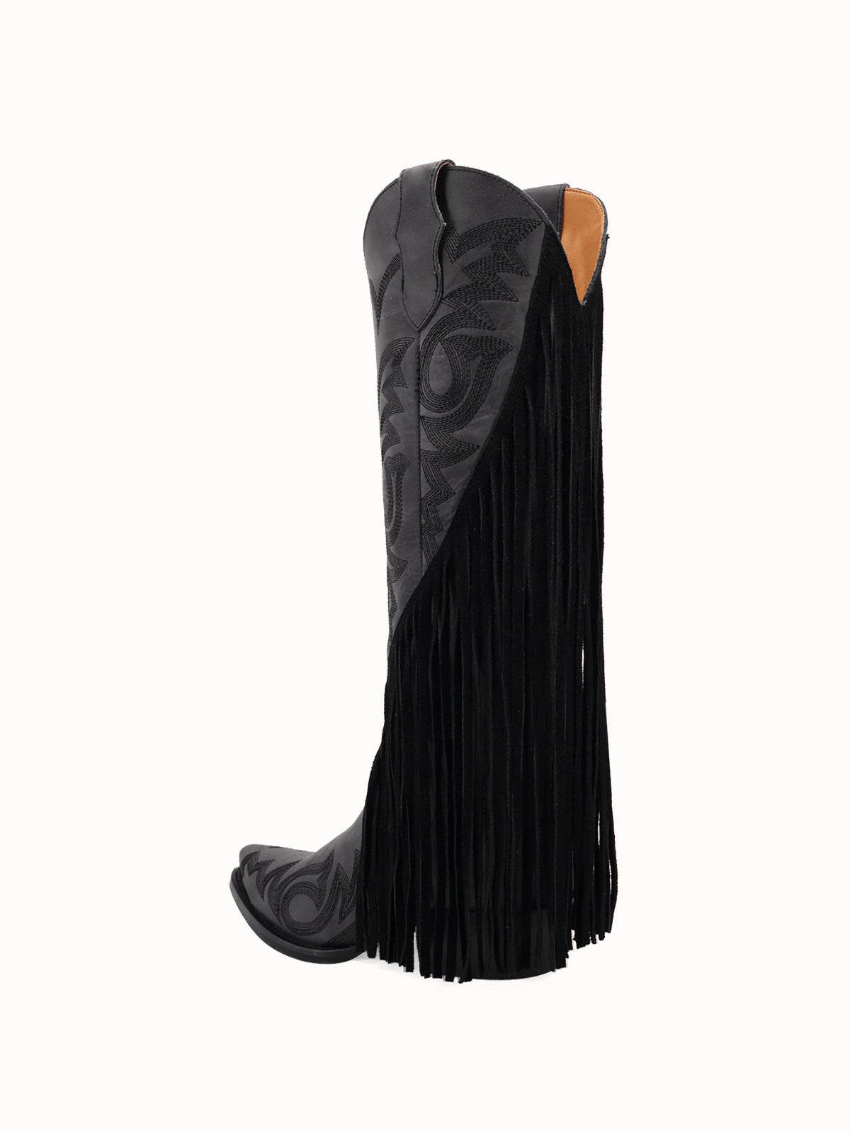 Black Snip-Toe Faux Suede Side Fringe Embroidery Wide Calf Knee High Cowgirl Boots