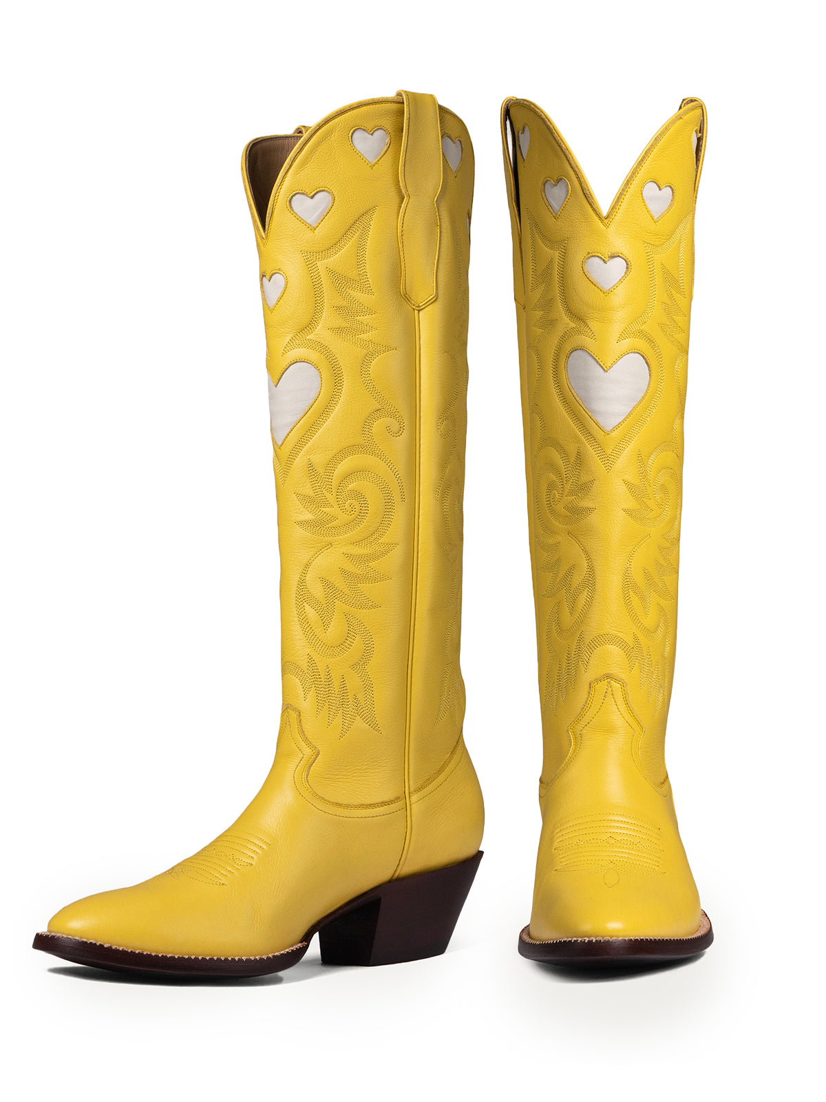 Ivory Heart Inlay Embroidery Almond-Toe Wide Calf Knee High Cowgirl Boots - Yellow