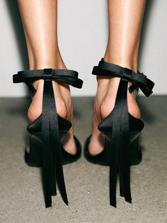 Black Satin Round-Toe Ankle Buckle Strap High Heels