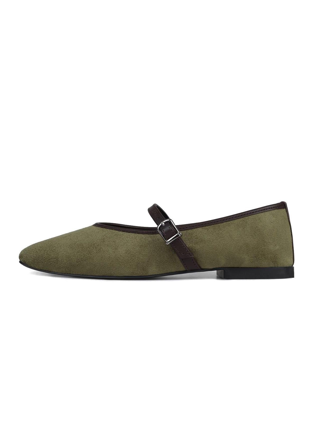 Olive Green Faux Suede Square-Toe Buckle Bridge Strap Classic Ballet Flats