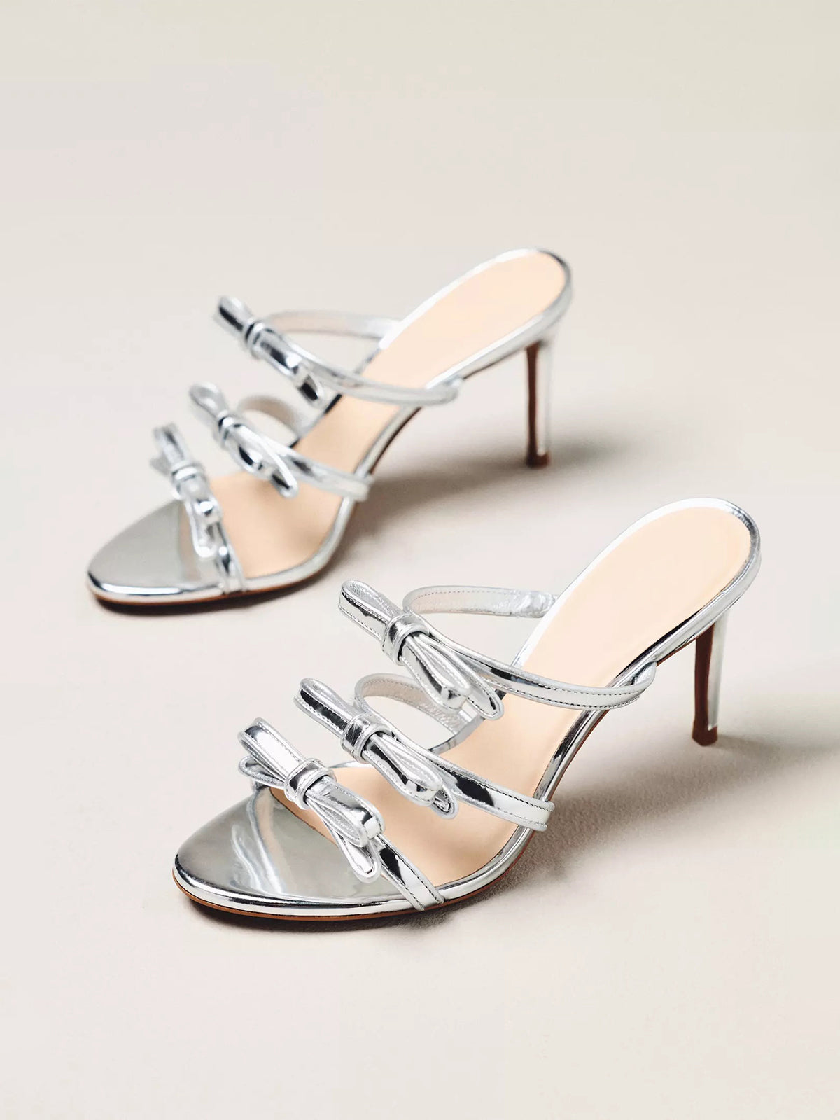 Metallic Silver Peep Round-Toe Triple-Bow Backless High Heels