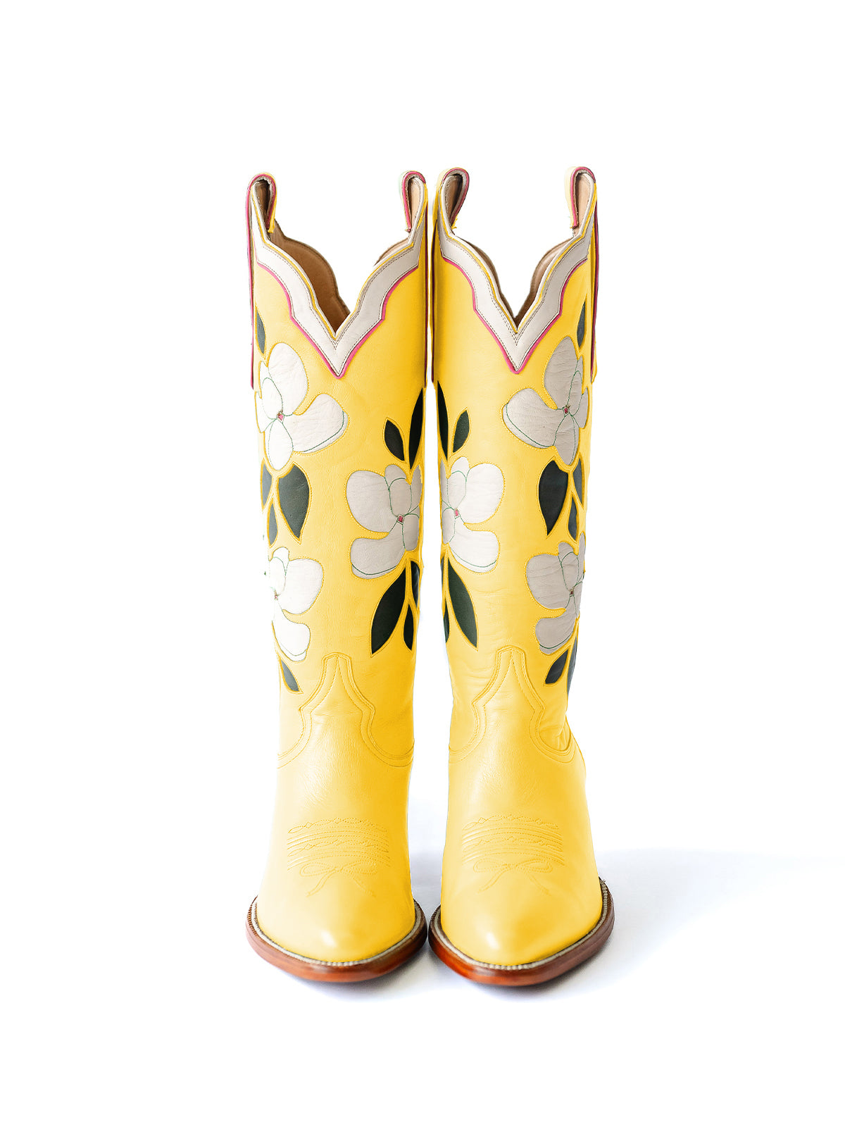 Yellow Almond-Toe White Flower Inlay Wide Calf Knee High Cowgirl Boots
