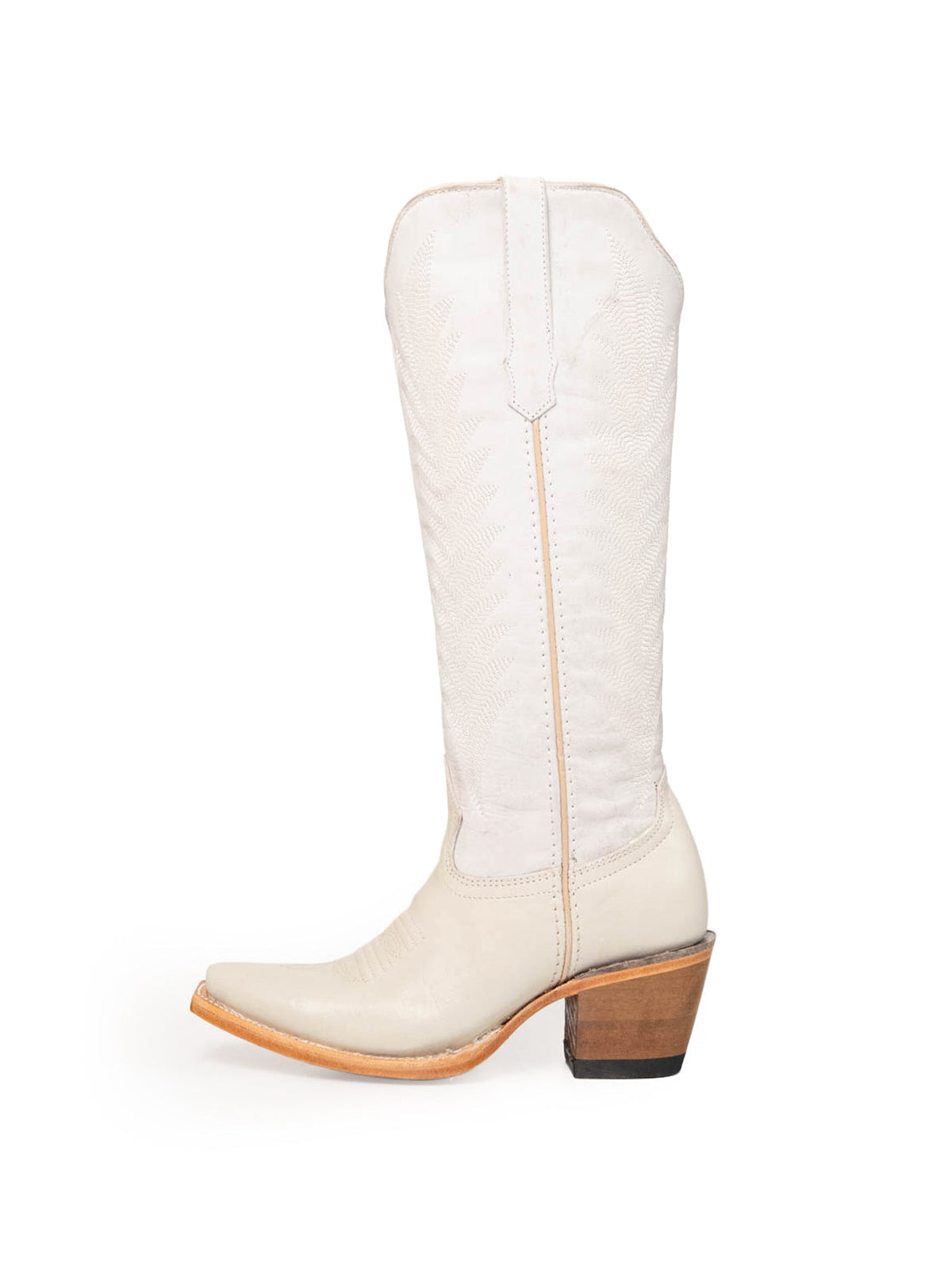Ivory Vegan Leather Snip-Toe Embroidery Half-Zip Knee High Chic Cowgirl Boots