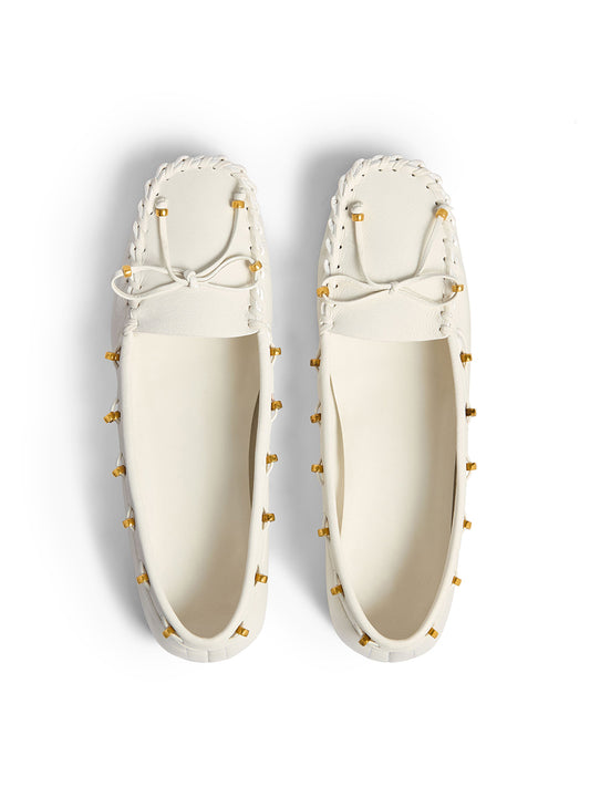 Ivory Cow Leather Square-Toe Running Stitch And Front Bow Flats