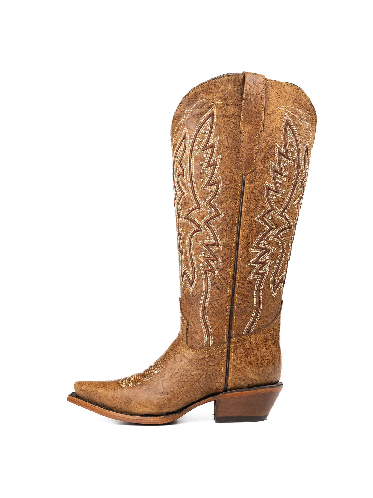 Western Snip-Toe Embroidery Half-Zip Knee High Cowgirl Boots - Dark Tan