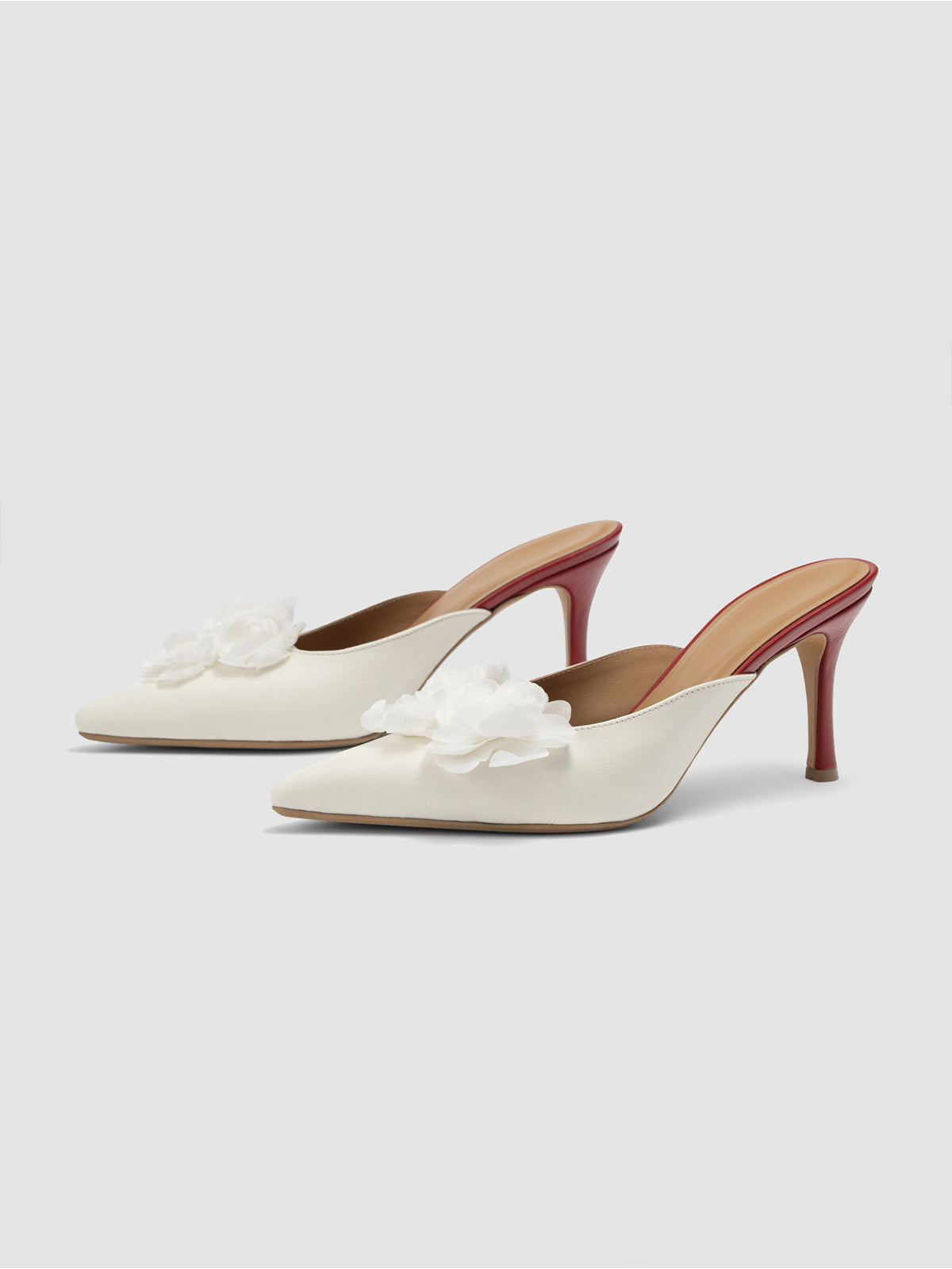 Ivory Pointed-Toe Front Floral Detail Backless Chic High Heels
