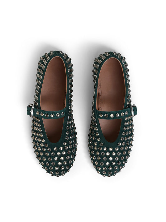 Dark Green Faux Suede Round-Toe Mary Jane Ballet Flats With Rhinestone