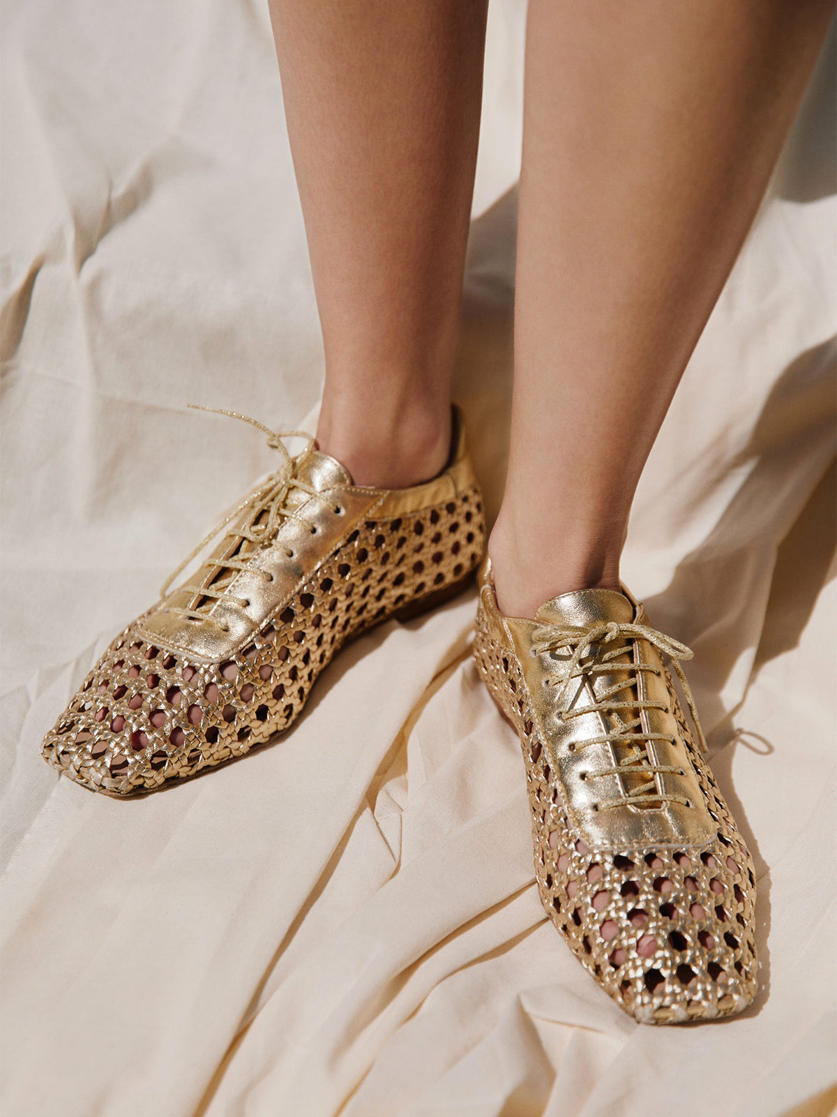 Metallic Gold Woven Vegan Leather Square-Toe Chic Lace-Up Flats