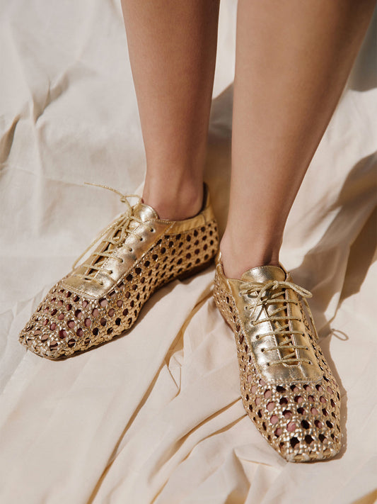 Metallic Gold Woven Vegan Leather Square-Toe Chic Lace-Up Flats