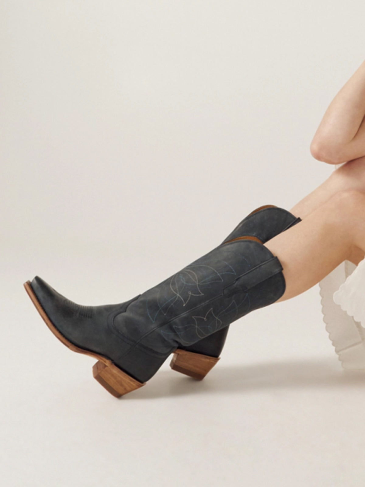 Navy Blue Snip-Toe Stitch Classic Wide Calf Knee High Cowgirl Boots