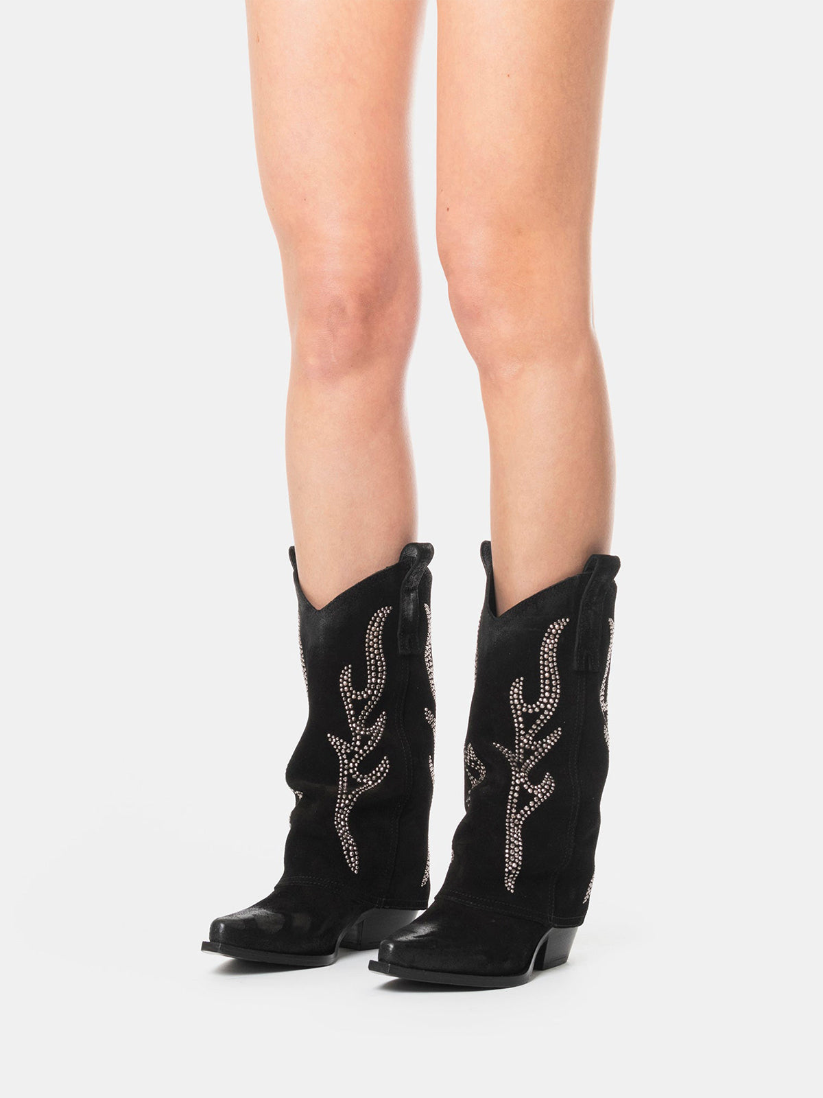 Black Faux Suede Snip-Toe Studded Fold-Over Mid Calf Cowgirl Boots