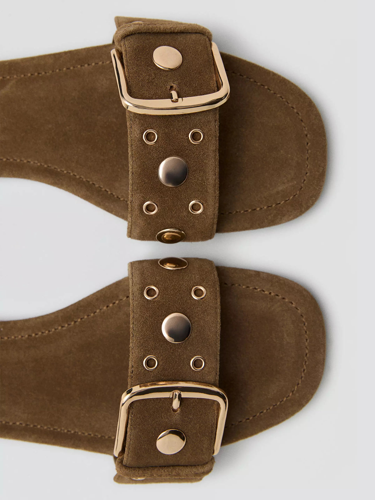 Brown Peep Square-Toe Front Buckle Strap With Studs And Eyelets Flats