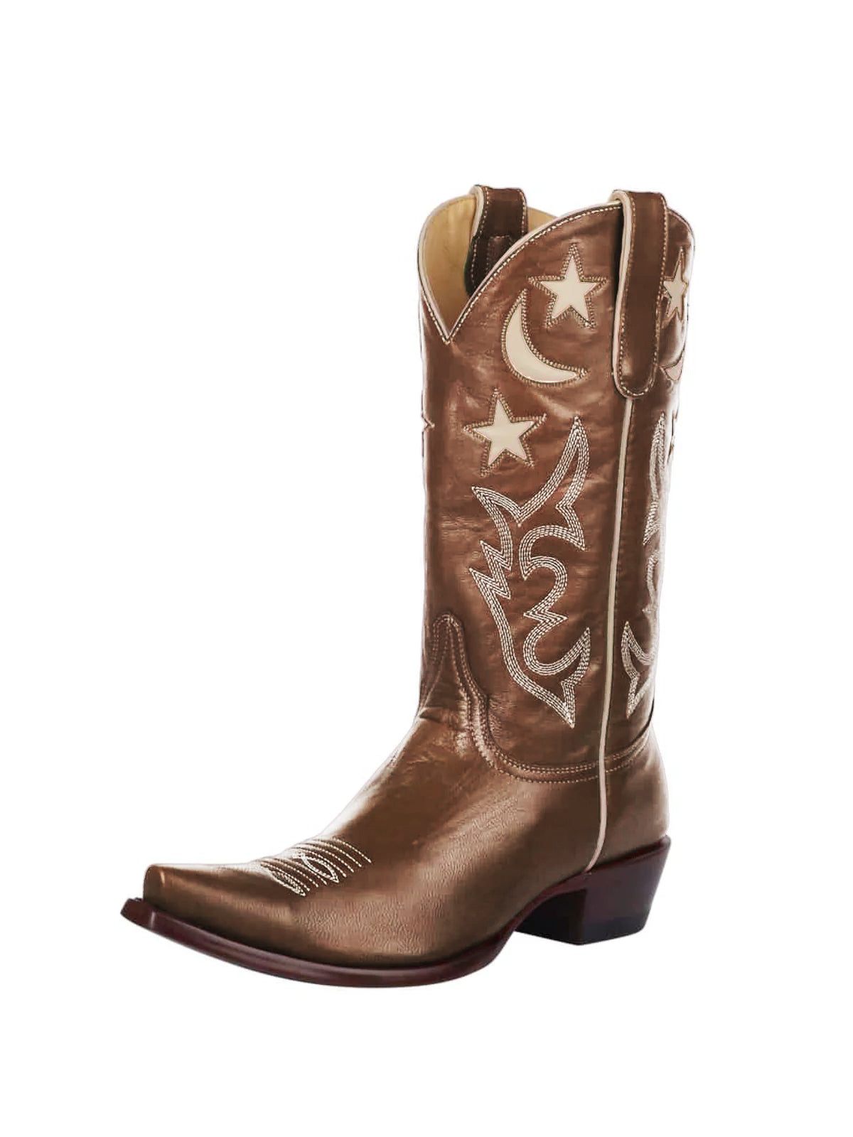 Metallic Bronze Snip-Toe Moon And Star Inlay Embroidery Mid Calf Cowgirl Boots