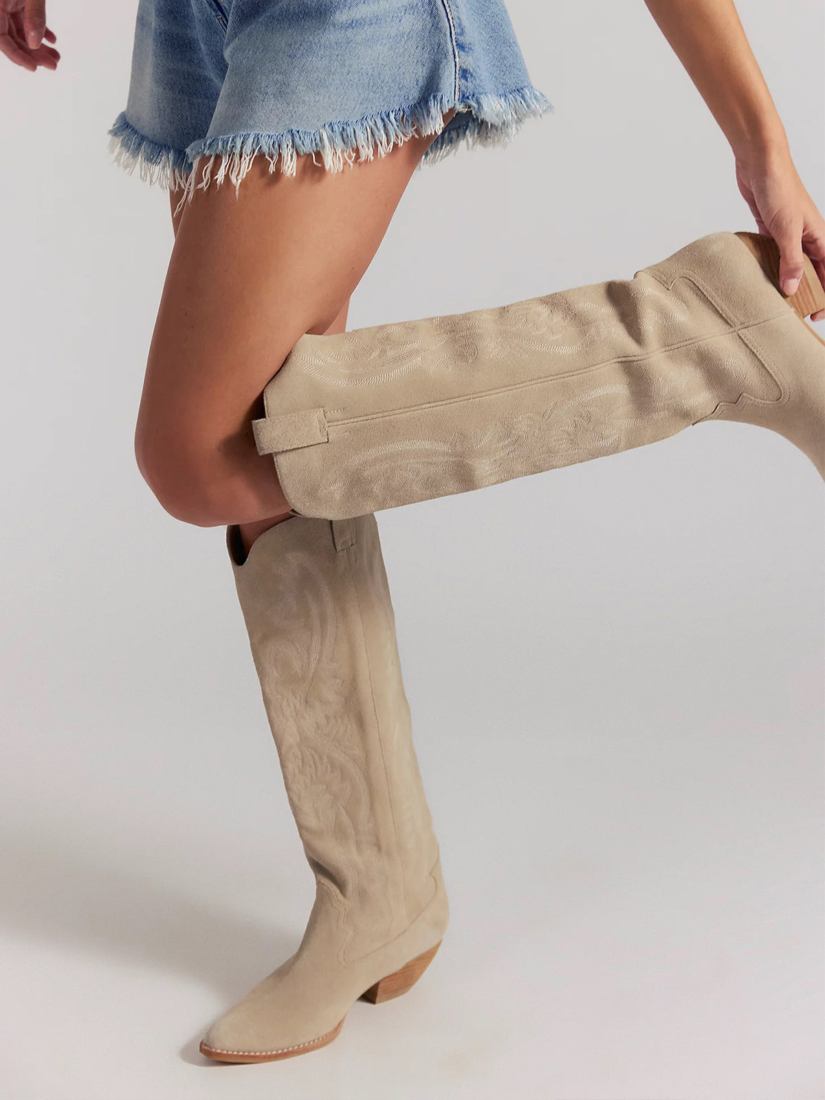Beige Faux Suede Pointed-Toe Embroidery Wide Calf Knee High Cowgirl Boots For Women