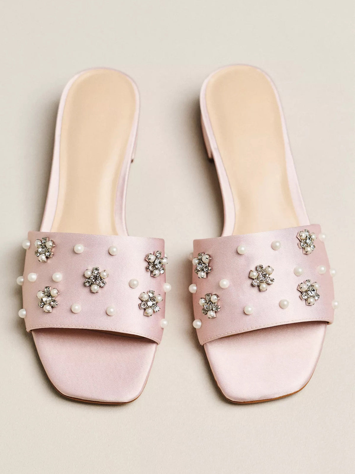 Pink Satin Square-Toe Pearl And Rhinestones Flower Applique Slide Sandals Flats