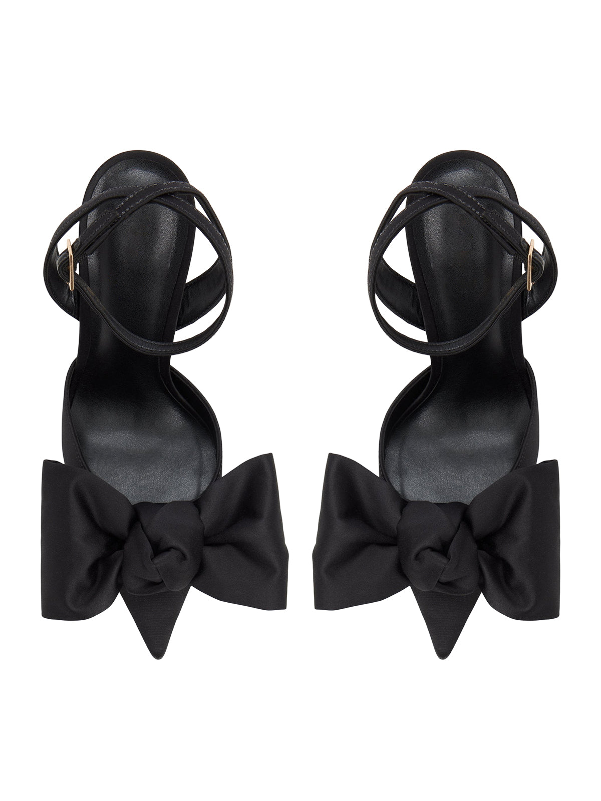 Black Satin Pointed-Toe Front Big Bow Slip-On Slingback High Heels