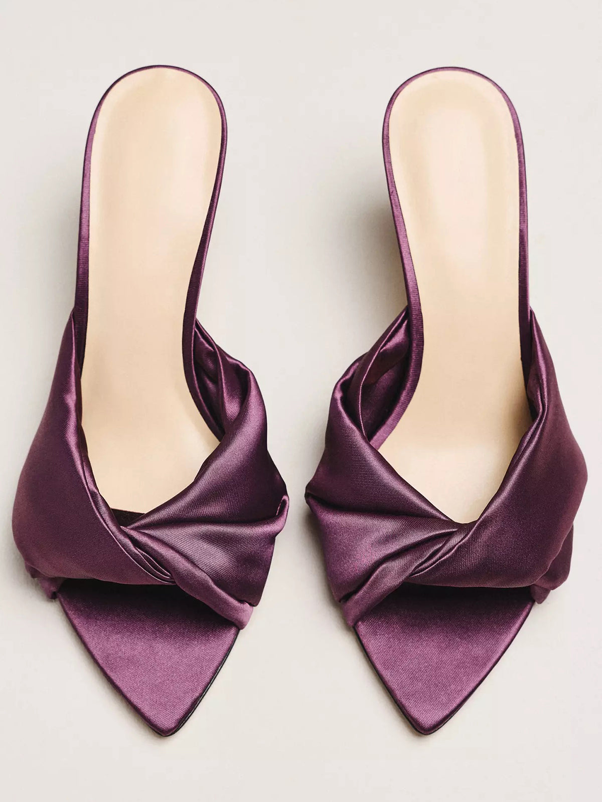Satin Open Pointed-Toe Front Strap Backless Mules High Heels - Purple