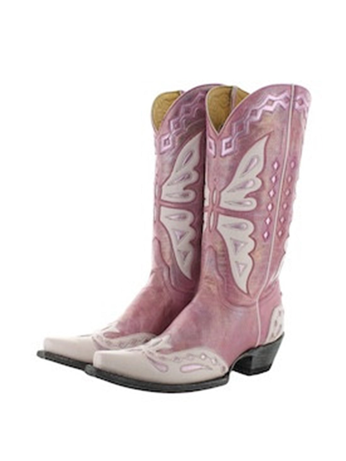 Pink Snip-Toe Butterfly And Silver Inlay Mid Calf Cowgirl Boots