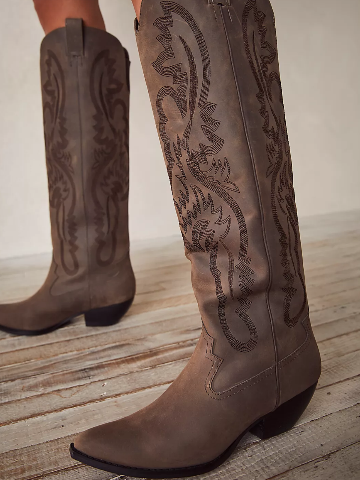 Brown Embroidery Pointed-Toe Tall Wide Mid Calf Western Boots For Women