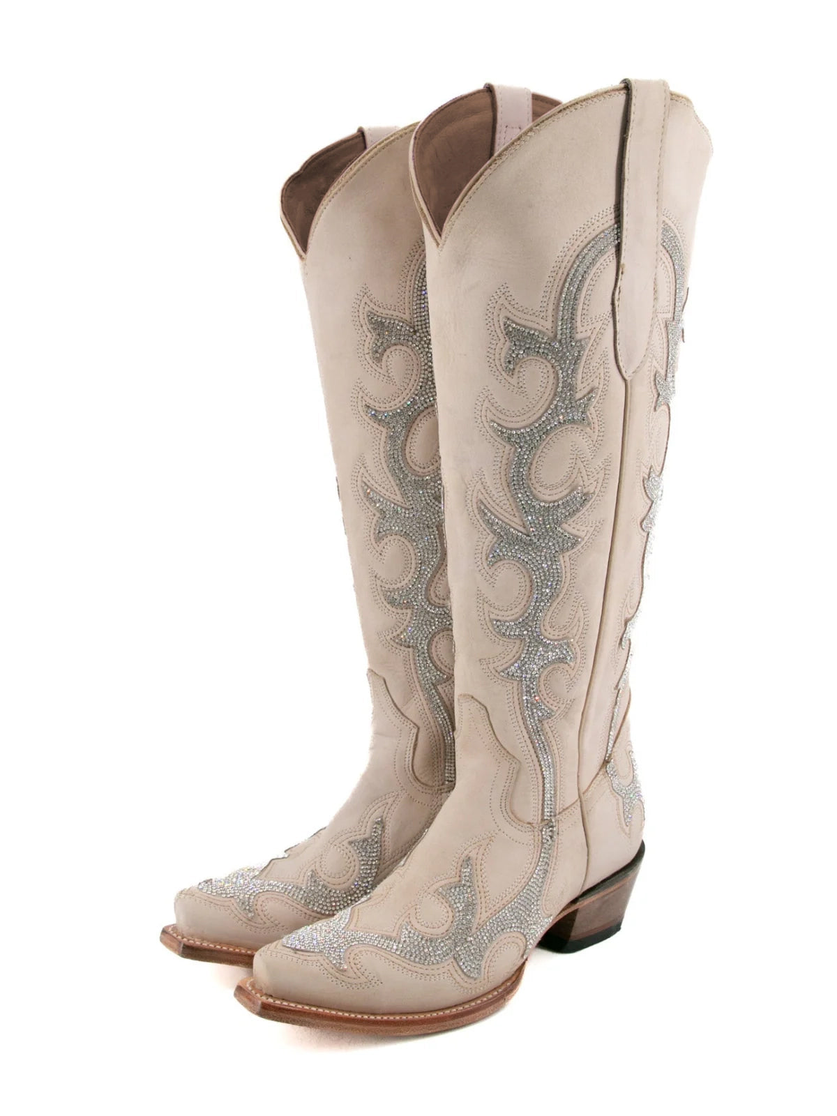 Rhinestone Embroidery Snip-Toe Half-Zip Knee High Tall Cowgirl Boots - Bone