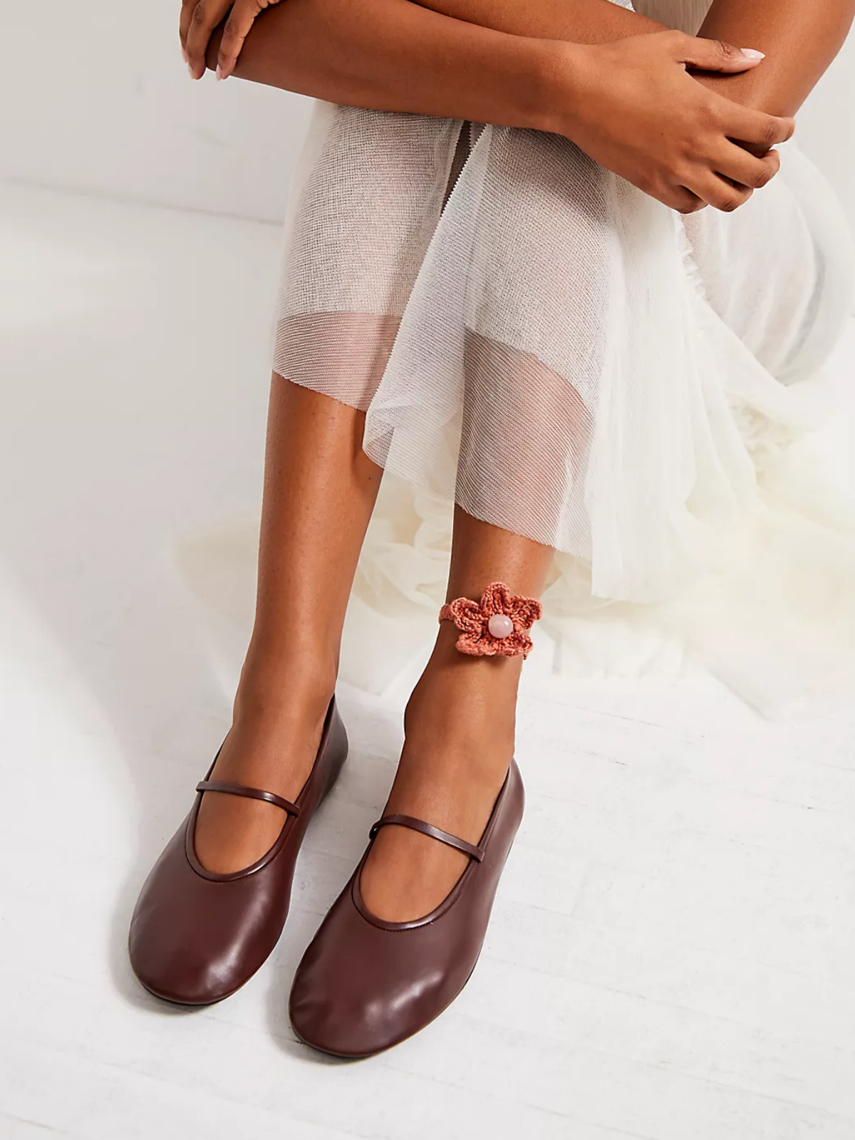 Brown Vegan Leather Round-Toe Vamp Strap Flats