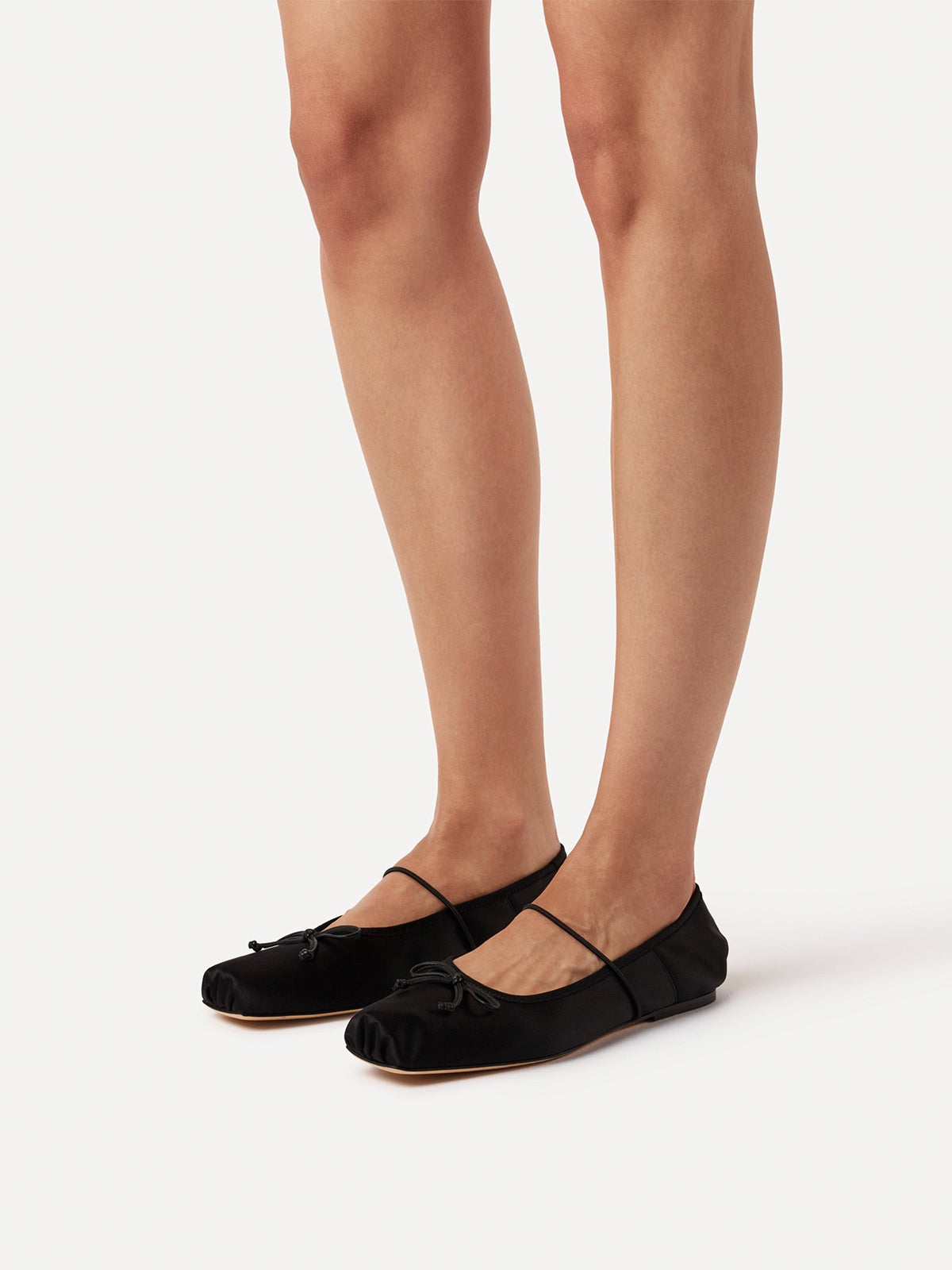 Black Satin Square-Toe Ballet Classic Flats With Bow