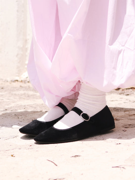 Black Velvet Square-Toe Classic Bridge Strap Ballet Flats