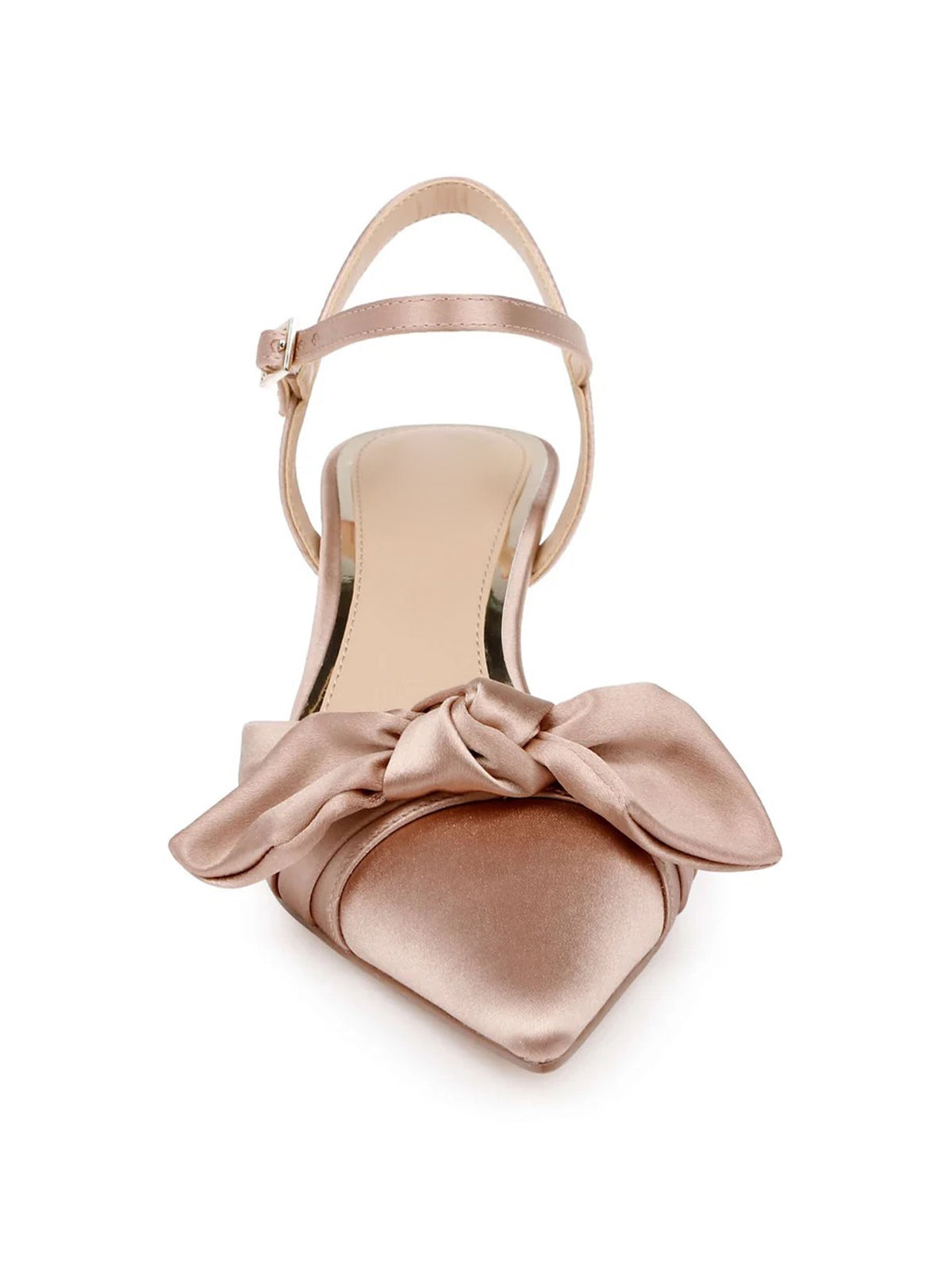 Nude Satin Pointed-Toe Front Bow Crossed Slingback Chic Kitten Heels