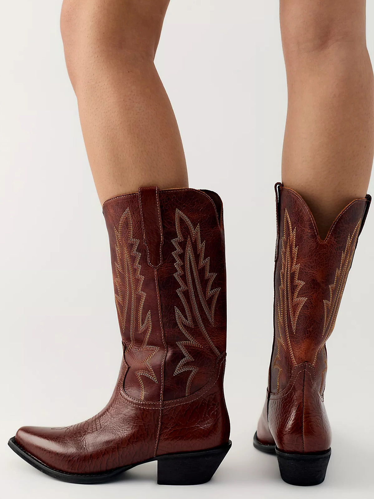Dark Brown Snip-Toe Classic Western Embroidery Mid Calf Stylish Cowgirl Boots