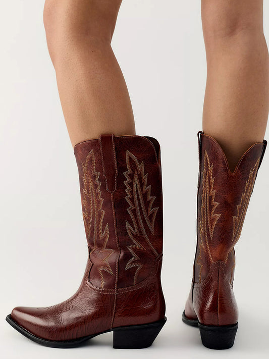 Dark Brown Snip-Toe Classic Western Embroidery Mid Calf Stylish Cowgirl Boots